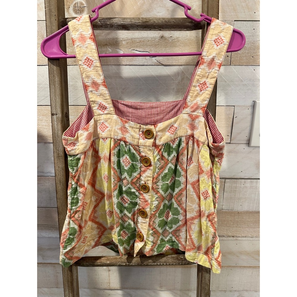 Boho Geometric Ikat Print Button Back Camisole Top Orange Green XS